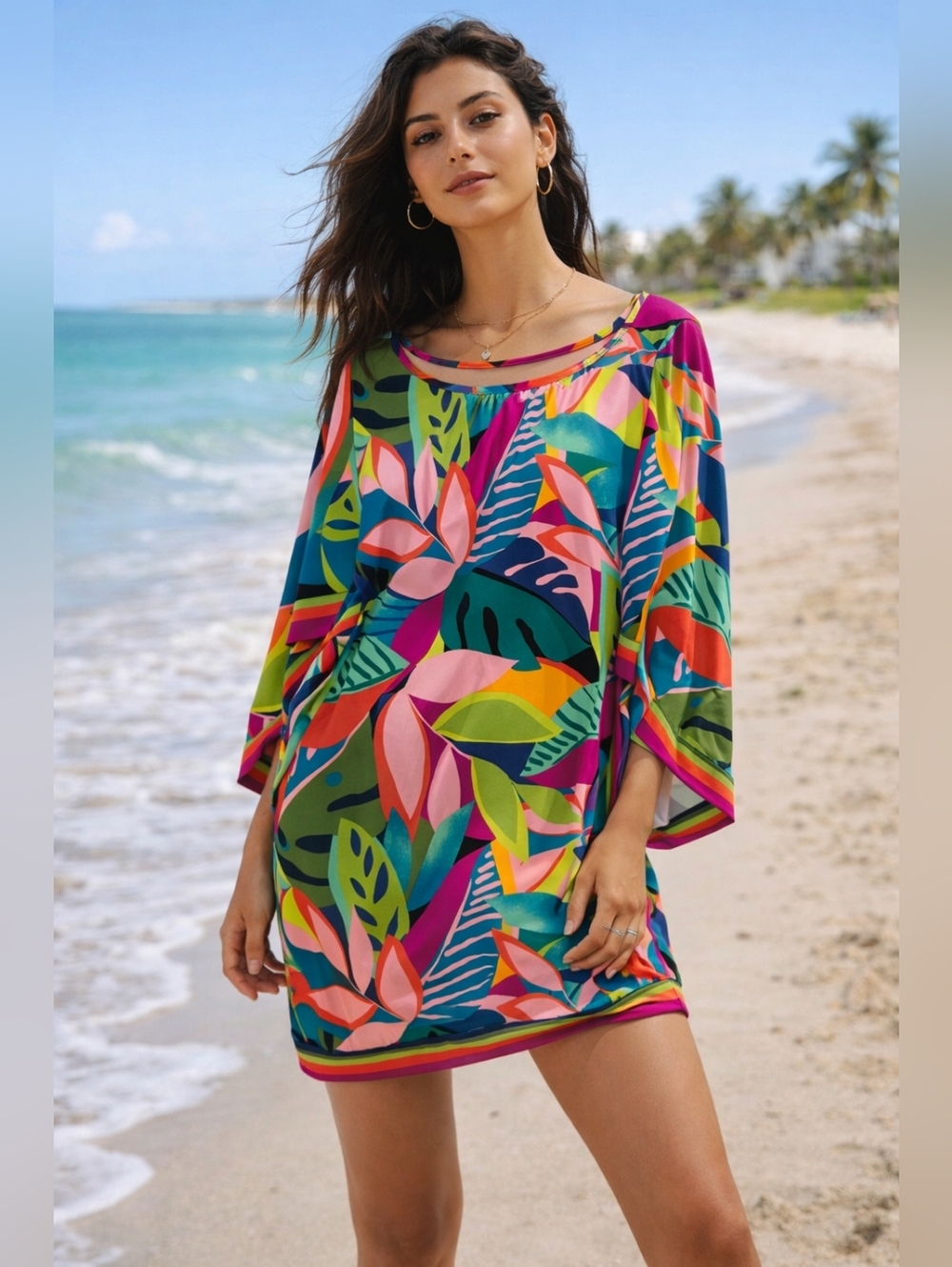 Trina Turk Tropical Print Sheer Tunic Dress | Beach Cover-Up L